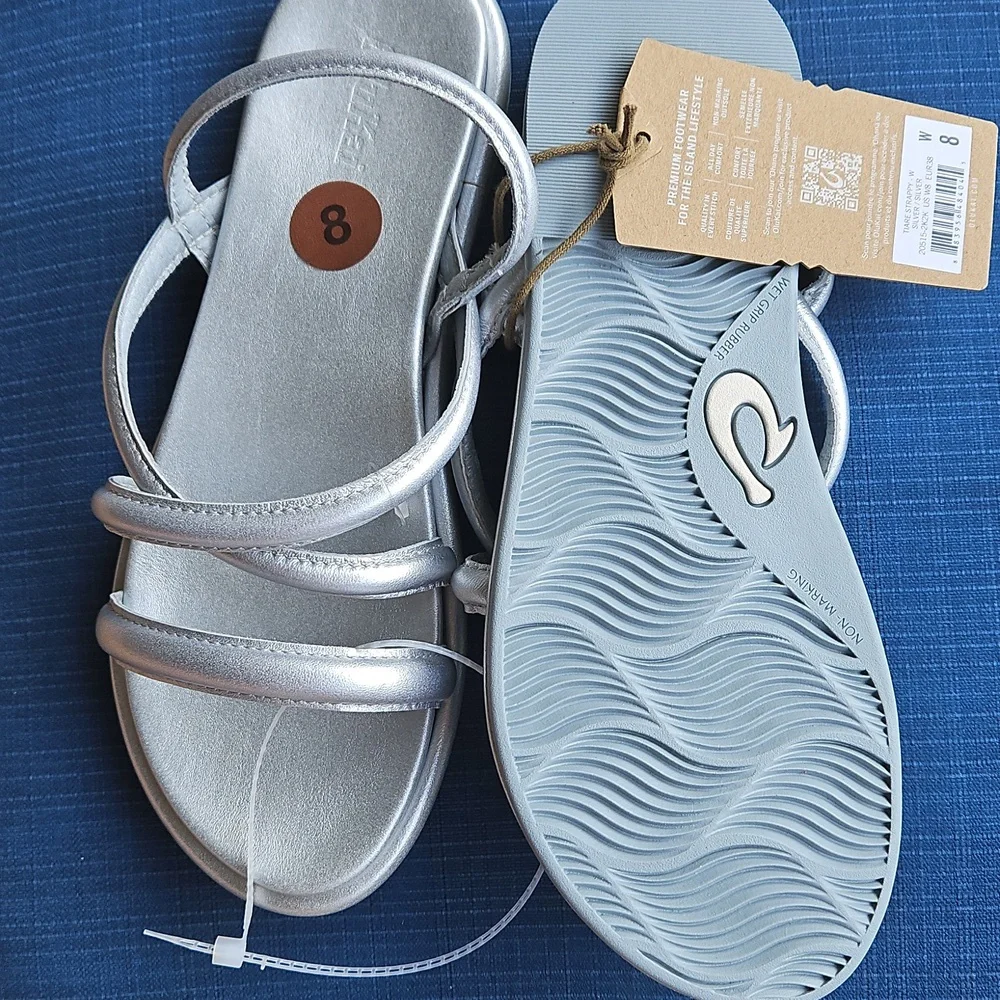 Sz 8- OluKai Tiare Leather Strappy Slingback Sandals, Color: Silver- EU38